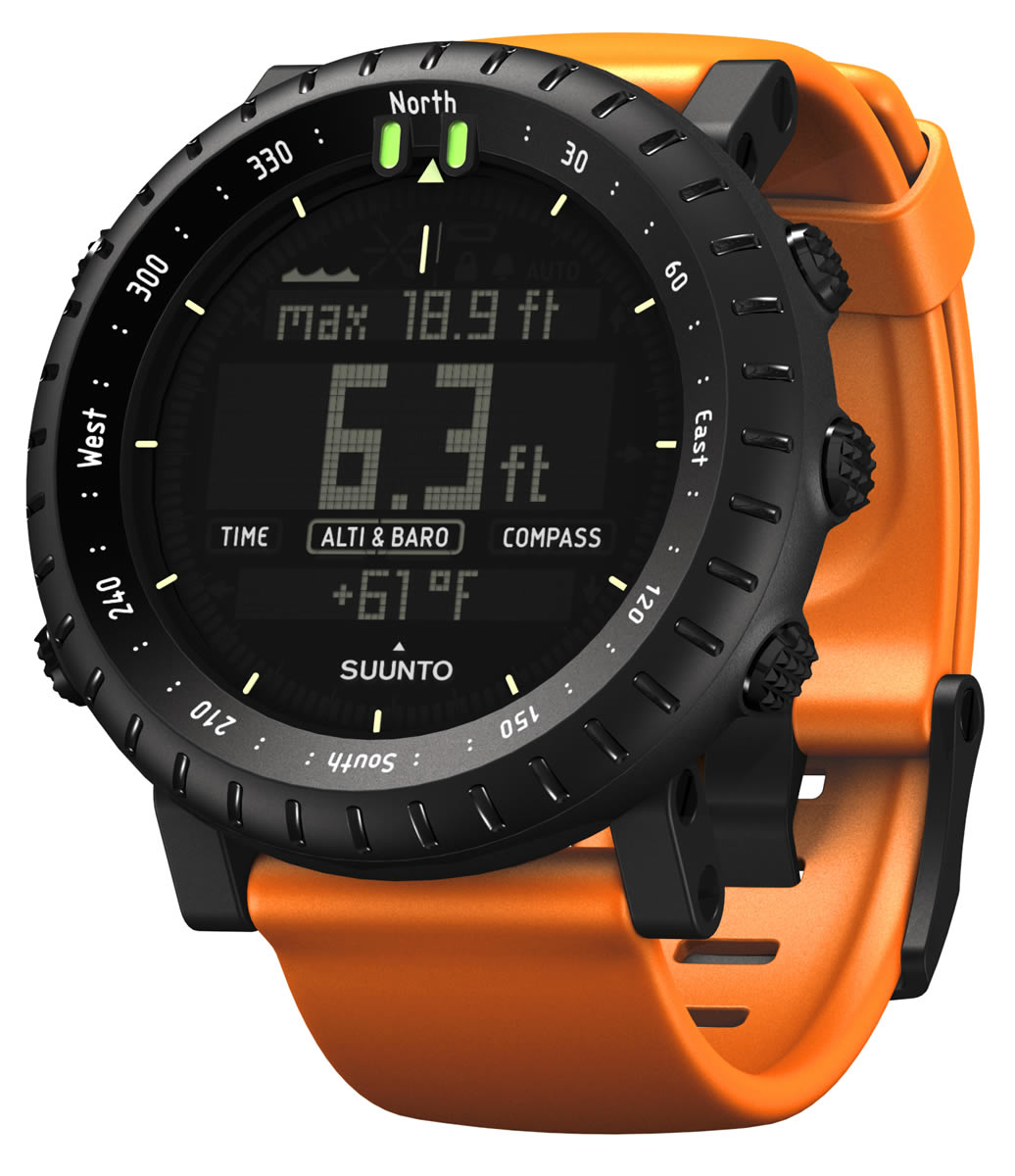 Striking Suunto Core Black watch with Flat Orange Strap