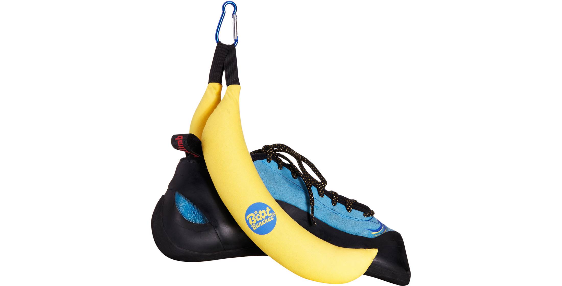 Boot banana product photo. Boot Bananas are a climbing shoe deodorizer that looks like a regular-sized, yellow banana. They are marketed as a solution for when your climbing shoes smell bad