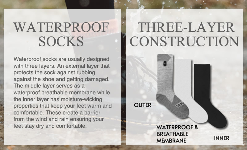 Waterproof socks are usually designed with three layers. An external layer that protects the sock against rubbing against the shoe and getting damaged. The middle layer serves as a waterproof breathable membrane while the inner layer has moisture-wicking properties that keep your feet warm and comfortable. These create a barrier from the wind and rain ensuring your feet stay dry and comfortable.