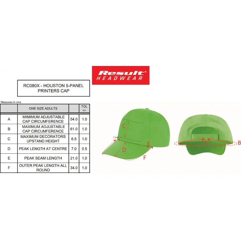 Result Unisex Houston 5-Panel Printers Cap RC080X-2