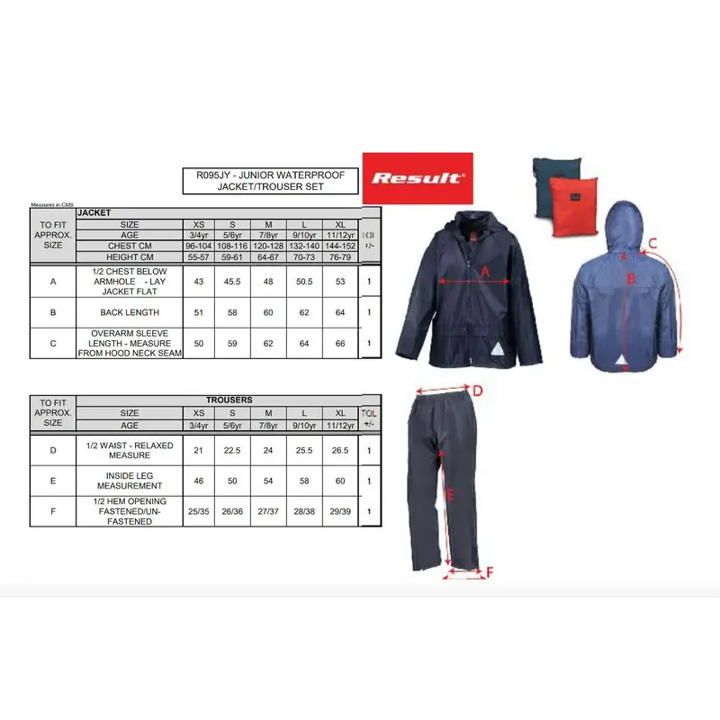 Result Junior Waterproof Jacket and Trouser Set R95J-4